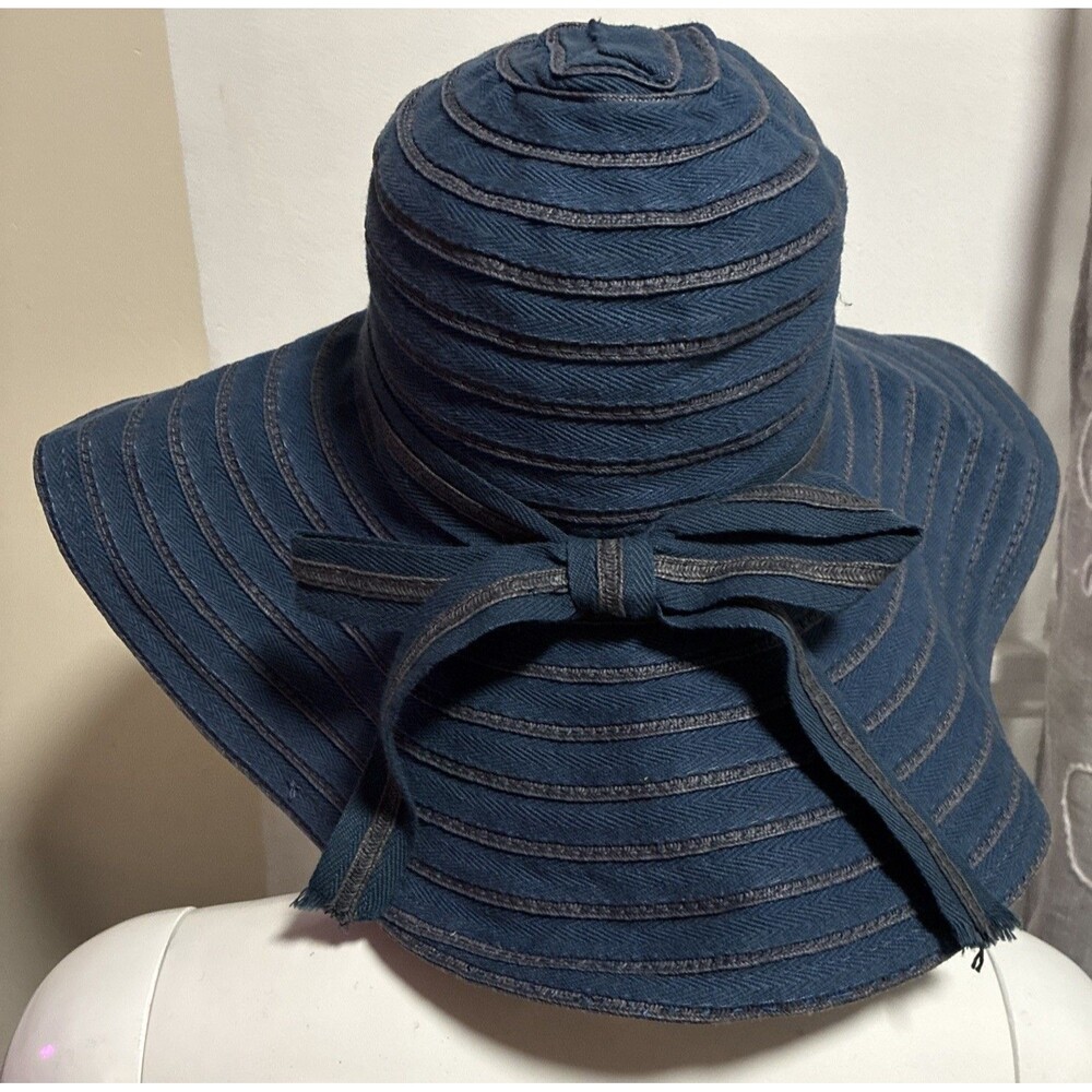 D&Y Sun Hat Wide Brim Floppy Soft Navy Blue Cotton Ribbon Bow Beach Travel - Picture 3 of 13